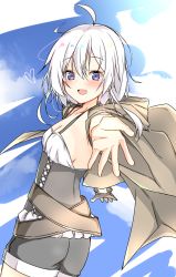 Rule 34 | 1girl, ahoge, ass, black shirt, black shorts, blush, breasts, cleavage, commentary, dot nose, duel monster, eyes visible through hair, grey hair, heart, highres, looking at viewer, lyna the light charmer, medium breasts, purple eyes, raion (inoueraion), shirt, shorts, sideboob, sky, solo, tagme, yu-gi-oh!