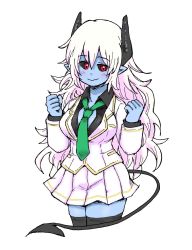 Rule 34 | 1girl, aohada bocchi, black horns, black sclera, black shirt, black tail, black thighhighs, blue skin, blush, breasts, clenched hands, colored sclera, colored skin, cropped legs, demon girl, demon horns, demon tail, eyebrows, green neckwear, highres, horns, jacket, large breasts, necktie, nojima12, pointy ears, red eyes, ruri (aohada bocchi), school uniform, shirt, skirt, smile, tail, thighhighs, thighs, white background, white jacket, white skirt