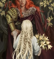 Rule 34 | 1boy, 1girl, armor, blonde hair, bouquet, braid, brother and sister, brown dress, cloak, dress, elden ring, flower, fur collar, gold armor, height difference, highres, holding, holding bouquet, holding hands, lily (flower), long hair, malenia blade of miquella, miquella (elden ring), mispellaneous, multiple braids, multiple scars, prosthesis, prosthetic arm, red cloak, red hair, robe, scar, siblings, tree, twins, white robe, yellow leaves