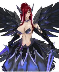 Rule 34 | 1girl, breasts, erza knightwalker, fairy tail, hair over one eye, large breasts, midriff, mikazuki shigure, red hair, solo