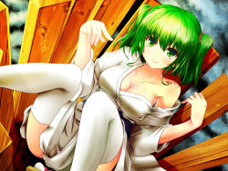 Rule 34 | 1girl, breasts, bucket, cleavage, collarbone, fukunaga kazuhiro, green eyes, green hair, highres, in bucket, in container, japanese clothes, kimono, kisume, large breasts, looking at viewer, matching hair/eyes, obi, off shoulder, aged up, sash, scrunchie, smile, solo, thighhighs, thighs, touhou, twintails, white thighhighs, wooden bucket, yukata