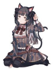 Rule 34 | 1girl, animal ear fluff, animal ears, black hair, blouse, bow, cat ears, cat girl, cat tail, choker, collar, frills, hair bow, highres, idolmaster, idolmaster shiny colors, jewelry, long hair, mayuzumi fuyuko, migolu, over-kneehighs, red neckwear, shirt, simple background, skirt, solo, tail, thighhighs, white background, white shirt