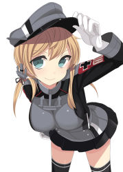Rule 34 | 10s, 1girl, anchor, anchor hair ornament, black skirt, black thighhighs, blonde hair, blue eyes, breasts, cato kobatashi, cowboy shot, cross, gloves, hair ornament, hand on own hip, hat, hat tip, iron cross, kantai collection, large breasts, leaning forward, looking at viewer, microskirt, military, military hat, military uniform, peaked cap, pleated skirt, prinz eugen (kancolle), simple background, skirt, smile, solo, thighhighs, twintails, uniform, white background, white gloves