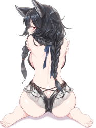 Rule 34 | 1girl, animal ears, artist request, ass, ass focus, back, bad id, bad pixiv id, bare back, black hair, braid, breasts, butt crack, close-up, ear piercing, erune, from behind, granblue fantasy, highres, long hair, looking at viewer, looking back, lower body, nier (granblue fantasy), nier (lover by the lily lake) (granblue fantasy), piercing, red eyes, sideboob, solo, swimsuit, twintails