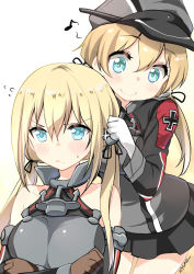 Rule 34 | 10s, 2girls, absurdres, adjusting hair, alternate hairstyle, anchor, anchor hair ornament, annoyed, aqua eyes, bare shoulders, bismarck (kancolle), black ribbon, blonde hair, blue eyes, blush, breasts, brown gloves, commentary request, cross, crossed arms, detached sleeves, gloves, hair between eyes, hair ornament, hat, highres, iron cross, kantai collection, large breasts, long hair, long sleeves, low twintails, military, military hat, military uniform, multiple girls, musical note, peaked cap, prinz eugen (kancolle), ribbon, ryuki (ryukisukune), sailor hat, smile, spoken musical note, twintails, uniform, white gloves