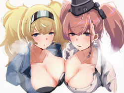 Rule 34 | 2girls, asymmetrical docking, atlanta (kancolle), black headwear, blonde hair, blouse, blue eyes, blue shirt, blush, breast press, breasts, brown hair, cleavage, cropped torso, earrings, gambier bay (kancolle), garrison cap, grey background, hairband, hat, headgear, highres, jewelry, kantai collection, kasoku souchi, large breasts, long hair, multiple girls, open clothes, open shirt, shirt, simple background, single earring, star (symbol), star earrings, steam, sweat, symmetrical docking, twintails, two side up, upper body