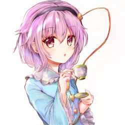 Rule 34 | 1girl, arms up, blouse, blue shirt, commentary request, cup, frilled shirt collar, frilled sleeves, frills, hair between eyes, hair ornament, hairband, heart, heart hair ornament, highres, holding, holding cup, holding saucer, ikazuchi akira, komeiji satori, long sleeves, looking at viewer, open mouth, purple eyes, purple hair, saucer, shirt, short hair, simple background, solo, teacup, touhou, upper body, white background, wide sleeves