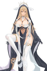 Rule 34 | 1girl, absurdres, azur lane, bare shoulders, black gloves, blonde hair, breasts, cleavage cutout, clothing cutout, covered navel, detached sleeves, gloves, habit, halo, halterneck, high heels, highres, horns, implacable (azur lane), large breasts, long bangs, long hair, nun, orange eyes, solo, thighhighs, very long hair, white horns, white thighhighs, wide sleeves, yuexiang zhu