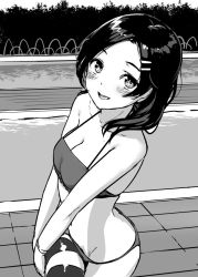 Rule 34 | 1girl, :d, bikini, blush, breasts, cleavage, commentary request, greyscale, hair ornament, hairclip, kantai collection, kuroshio (kancolle), looking at viewer, monochrome, open mouth, poolside, satsuki neko, short hair, small breasts, smile, solo, swimsuit