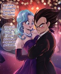 Rule 34 | 1boy, 1girl, bare shoulders, black suit, blue eyes, blue hair, bracelet, breasts, bulma, cleavage, commentary, dragon ball, dragonball z, dress, earrings, elbow gloves, english commentary, english text, eyebrows hidden by hair, formal, frown, furrowed brow, glint, gloves, highres, husband and wife, jewelry, lipstick, makeup, medium breasts, medium hair, purple dress, purple gloves, red lips, smile, strapless, strapless dress, suit, tuxedo, twitter username, vegeta, wavy hair, whirlydoodle