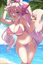 Rule 34 | 1girl, animal ear fluff, animal ears, bare shoulders, beach, bikini, blue sky, blush, bow, bracelet, breasts, cleavage, collarbone, fate/grand order, fate (series), fox ears, fox girl, fox shadow puppet, fox tail, glasses, hair between eyes, hair bow, highres, jewelry, koyanskaya (fate), large breasts, long hair, looking at viewer, navel, ocean, one eye closed, open mouth, palm tree, pink bikini, pink bow, pink hair, ponytail, shore, sidelocks, sky, smile, solo, swimsuit, tail, tamamo (fate), thighs, tree, utani (punishment), yellow eyes
