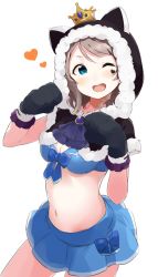 Rule 34 | 10s, 1girl, ;o, animal ears, animal hands, animal hood, bad id, bad pixiv id, bikini, bikini skirt, blue bow, blue eyes, blue skirt, bow, breasts, cat ears, cat hood, cleavage, cowboy shot, crown, elbow gloves, facial mark, front-tie top, gem, gloves, grey hair, heart, hood, looking at viewer, love live!, love live! school idol festival, love live! sunshine!!, midriff, navel, one eye closed, open mouth, paw gloves, paw pose, simple background, skirt, solo, swept bangs, swimsuit, totoki86, watanabe you, white background