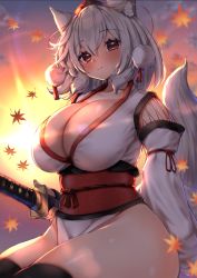 Rule 34 | 1girl, animal ears, autumn leaves, black thighhighs, breasts, cleavage, detached sleeves, hat, highres, holding, holding sword, holding weapon, huge breasts, inubashiri momiji, japanese clothes, kourindou tengu costume, large breasts, light smile, looking at viewer, medium hair, obi, onomiya, outdoors, pom pom (clothes), red eyes, red hat, sash, solo, sword, tail, tassel, thick thighs, thighhighs, thighs, tokin hat, touhou, weapon, white hair, wolf ears, wolf tail