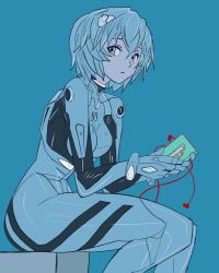 Rule 34 | 1girl, ayanami rei, blue background, blue bodysuit, blue hair, blue theme, bodysuit, breasts, cassette player, earphones, feet out of frame, from side, highres, holding, interface headset, looking at viewer, lukish, medium breasts, neon genesis evangelion, pilot suit, plugsuit, short hair, simple background, sitting, solo, spot color