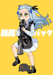 Rule 34 | 1girl, aged down, apron, assault rifle, black apron, black cat, black footwear, black socks, blue hair, cat, commentary request, dress, frilled apron, frills, full body, girls&#039; frontline, green eyes, gun, gun in mouth, h&amp;k hk416, hair ornament, hairband, hat, highres, hk416 (black kitty&#039;s gift) (girls&#039; frontline), hk416 (girls&#039; frontline), holding, holding gun, holding weapon, imminent suicide, kyoufuu all back (vocaloid), long hair, long sleeves, mini hat, mixed-language commentary, official alternate costume, parody, rifle, senpaihawkkun, simple background, socks, solo, teardrop facial mark, translation request, weapon, white dress, yellow background