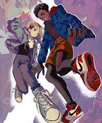 1boy 1girl black_bodysuit black_hair blonde_hair blue_eyes blue_jacket bodysuit brown_eyes commentary_request dark-skinned_male dark_skin gwen_stacy highres jacket long_hair looking_at_viewer marvel miles_morales shoes short_hair shorts sneakers spider-man:_across_the_spider-verse spider-man_(miles_morales) spider-man_(series) spider-verse superhero_costume tami_tome_mo very_short_hair zoom_layer