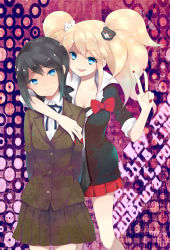 Rule 34 | 2girls, arm around neck, arm around shoulder, arm up, arms behind back, bear hair ornament, black hair, black shirt, blonde hair, blue eyes, blue neckwear, blush, breasts, brown coat, brown jacket, brown skirt, buttons, closed mouth, coat, danganronpa: trigger happy havoc, danganronpa (series), english text, enoshima junko, fake nails, fingernails, hair ornament, hand on another&#039;s chest, hand on breast, hand up, hug, ikusaba mukuro, incest, jacket, knees, large breasts, legs, long bangs, long eyelashes, long hair, looking at viewer, medium breasts, miniskirt, multiple girls, nail polish, neck ribbon, open mouth, pleated skirt, purple background, red nails, red skirt, ribbon, shirt, short sleeves, siblings, simple background, sisters, skirt, smile, standing, tongue, twincest, twins, twintails, v, white shirt, yuri