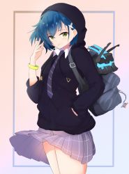Rule 34 | 1girl, alternate costume, artist name, backpack, bag, black hoodie, black necktie, blue background, blue hair, commentary request, darling in the franxx, green eyes, grey skirt, hair ornament, hairclip, highres, hood, hoodie, ichigo (darling in the franxx), in mouth, long sleeves, looking at viewer, necktie, red background, short hair, simple background, skirt, solo, soveno, two-tone background