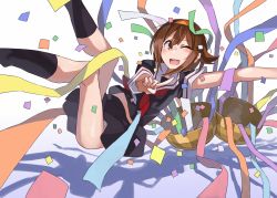 Rule 34 | 1girl, black serafuku, black skirt, black socks, blush, brown eyes, brown hair, commentary request, confetti, feet out of frame, feet up, gradient background, hairband, highres, index finger raised, kantai collection, kneehighs, looking at viewer, neckerchief, one eye closed, open mouth, orange hairband, pleated skirt, reclining, red neckerchief, school uniform, serafuku, shiratsuyu (kancolle), short hair, skirt, smile, socks, solo, sugue tettou