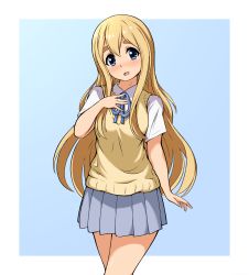 Rule 34 | 1girl, :d, blonde hair, blue background, blue eyes, blue ribbon, blue skirt, blush, commentary, hair between eyes, hand on own chest, highres, k-on!, kotobuki tsumugi, long hair, looking at viewer, miniskirt, open mouth, ribbon, sakuragaoka high school uniform, school uniform, shirt, short sleeves, simple background, skirt, smile, solace, solo, sweater vest, thick eyebrows, two-tone background, very long hair, vest, white background, white shirt, yellow vest