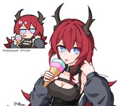 Rule 34 | 1girl, arknights, bad id, bad pixiv id, black jacket, breasts, chibi, food, horns, ice cream, image sample, jacket, medium breasts, solo, surtr (arknights), tongue, tongue out, twitter username, white background