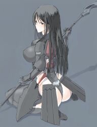 Rule 34 | 1girl, alice gear aegis, armor, ass, black eyes, black gloves, black hair, black leotard, breasts, closed mouth, gloves, highres, holding, holding polearm, holding weapon, kagome misaki, large breasts, leotard, long hair, looking at viewer, looking back, mole, mole under mouth, polearm, shadow, simple background, sitting, solo, suzumaru, thighhighs, weapon