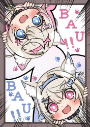 Rule 34 | 2girls, :d, absurdres, animal collar, animal ears, bandaid, bandaid hair ornament, blue eyes, blue hair, blue hairband, blush, chibi, chibi only, collar, commentary request, crossed bangs, dog ears, double-parted bangs, fake horns, fang, fuwawa abyssgard, hair between eyes, hair intakes, hair ornament, hairband, hairclip, highres, hololive, hololive english, horn hairband, horns, light brown hair, long hair, looking at viewer, mococo abyssgard, multicolored hair, multiple girls, open mouth, outside border, pink eyes, short hair, siblings, sisters, skin fang, smile, speech bubble, speed lines, spiked collar, spikes, streaked hair, twins, two side up, virtual youtuber, x hair ornament, yashamaru (yashamalu 1004)
