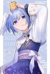 Rule 34 | 1girl, animal, animal on head, blue eyes, blue hair, cape, dated, hair between eyes, head wings, highres, japanese clothes, kimono, mirin., nengajou, new year, obi, on head, original, own hands clasped, own hands together, pleated skirt, sash, short hair, skirt, stuffed animal, stuffed tiger, stuffed toy, wide sleeves, wings