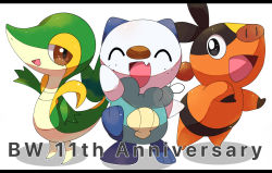 Rule 34 | :d, ^ ^, anniversary, black eyes, brown eyes, closed eyes, commentary request, copyright name, creatures (company), english text, closed eyes, fang, full body, game freak, gen 5 pokemon, happy, kafe (0415meimei), letterboxed, looking at viewer, nintendo, no humans, open mouth, oshawott, pokemon, pokemon (creature), shadow, skin fang, smile, snivy, standing, starter pokemon trio, tepig, white background