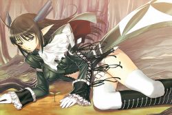 Rule 34 | 1girl, boots, brown eyes, brown hair, elf, gloves, highres, knee boots, long hair, pointy ears, sega, shining (series), shining wind, solo, thighhighs, tony taka, xecty ein