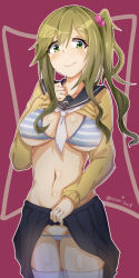 Rule 34 | 1girl, 2018, artist name, bikini, black sailor collar, blush, breasts, cameltoe, cleft of venus, clothes lift, cowboy shot, fang, fang out, green eyes, green hair, groin, hair bobbles, hair ornament, hand on own chest, highres, inuyama aoi, large breasts, lifted by self, long hair, long sleeves, looking at viewer, medium skirt, myumi, navel, neckerchief, one side up, pink background, sailor collar, school uniform, serafuku, shiny skin, shirt, shirt lift, skin fang, skirt, skirt lift, solo, standing, stomach, string bikini, striped bikini, striped clothes, swimsuit, tareme, thick eyebrows, thighhighs, wavy hair, white neckerchief, white thighhighs, yellow shirt, yurucamp