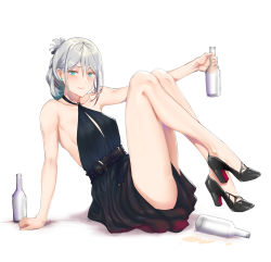 Rule 34 | 1girl, an-94 (girls&#039; frontline), an-94 (silent rouge) (girls&#039; frontline), aqua eyes, bare shoulders, belt, black dress, blush, bottle, breasts, c.rabbit, closed mouth, dress, folded ponytail, girls&#039; frontline, high heels, highres, legs, legs up, long hair, looking at viewer, medium breasts, official alternate costume, sidelocks, silver hair, simple background, sitting, smile, solo, white background