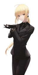 Rule 34 | 1girl, absurdres, adjusting clothes, adjusting gloves, ahoge, artoria pendragon (all), artoria pendragon (fate), bad id, bad pixiv id, black gloves, black jacket, black necktie, black pants, black shirt, black suit, blonde hair, buttons, closed mouth, collared shirt, commentary, est (est illust), fate/zero, fate (series), floating hair, formal, gloves, green eyes, hair tie, hand up, highres, jacket, long hair, long sleeves, low ponytail, necktie, pant suit, pants, saber (fate), shirt, simple background, solo, standing, suit, very long hair, white background, wing collar