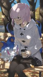 Rule 34 | 1girl, autumn leaves, bench, black-framed eyewear, coat, coffee cup, cup, day, disposable cup, duffel coat, fate/grand order, fate (series), fou (fate), ginkgo tree, glasses, hair over one eye, hayashi kewi, knees together feet apart, light purple hair, looking at another, mash kyrielight, mash kyrielight (fgo x lawson), official alternate costume, open mouth, outdoors, pantyhose, park bench, purple eyes, purple hair, revision, short hair, sidelocks, sitting, smile, solo, tree