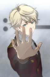 Rule 34 | 10s, 1boy, aldnoah.zero, ascot, bad id, bad pixiv id, blurry, buttons, depth of field, double-breasted, epaulettes, from side, grey background, highres, ichinose777, jacket, male focus, military, military uniform, outstretched hand, short hair, silver hair, slaine troyard, solo, uniform