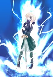 Rule 34 | 00s, 1girl, artoria pendragon (fate), blonde hair, dress, electricity, excalibur (fate/stay night), fate/stay night, fate (series), lightning, ooka (skavler), saber (fate), saber alter, solo, sword, weapon, yellow eyes