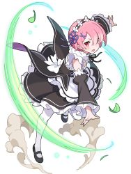 Rule 34 | 1girl, apron, arms up, artist request, aura, black dress, black footwear, black ribbon, black sleeves, blush, bob cut, detached sleeves, dress, female focus, frilled apron, frilled dress, frilled sleeves, frills, full body, hair ornament, hair over one eye, hairband, highres, juliet sleeves, jumping, leaf, leg up, long sleeves, looking at viewer, maid, maid apron, mary janes, neck ribbon, non-web source, official art, open mouth, outstretched arms, pantyhose, pink hair, puffy sleeves, ram (re:zero), re:zero kara hajimeru isekai seikatsu, red eyes, ribbon, shoes, short hair, sidelocks, simple background, sleeveless, sleeveless dress, smoke, solo, teeth, transparent background, v-shaped eyebrows, white apron, white pantyhose, world flipper, x hair ornament
