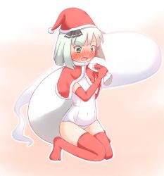 1girl a-ktoo blush elbow_gloves gloves green_eyes hat konpaku_youmu konpaku_youmu_(ghost) one-piece_swimsuit sack santa_hat school_swimsuit short_hair silver_hair swimsuit thighhighs touhou white_school_swimsuit white_one-piece_swimsuit