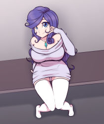 Rule 34 | 1girl, absurdres, alternate hairstyle, breasts, cleavage, commentary, dress, female focus, highres, large breasts, long hair, my little pony, my little pony: friendship is magic, purple hair, rarity (my little pony), scorpdk, smile, solo, sweater, sweater dress