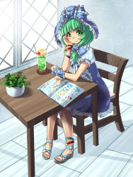 Rule 34 | 1girl, alternate color, anklet, bangle, blunt bangs, book, bow, bracelet, chair, dress, frilled dress, frills, front ponytail, green eyes, green hair, hair bow, hair ribbon, head rest, highres, indoors, jewelry, kagiyama hina, long hair, looking at viewer, matching hair/eyes, parfait, plant, potted plant, puffy short sleeves, puffy sleeves, ribbon, sandals, scrunchie, short sleeves, sitting, smile, solo, table, touhou, umigarasu (kitsune1963), window, wrist cuffs