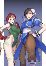 Rule 34 | 2girls, beret, blue eyes, braid, breasts, brown eyes, brown hair, cammy white, capcom, chinese clothes, chun-li, covered navel, double bun, fingerless gloves, gloves, hair bun, hand on own hip, hat, highres, index finger raised, large breasts, laughing, legs, leotard, long hair, looking at viewer, multiple girls, open mouth, pants, pantyhose, smile, street fighter, thighs, toned, twin braids, very long hair