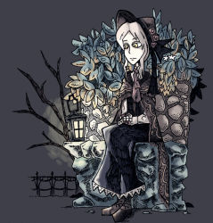 Rule 34 | 1girl, architecture, bloodborne, bonnet, boots, cloak, doll joints, fence, flower, gothic architecture, joints, lantern, leaf, long hair, muted color, own hands together, plain doll, rose, setz, silver hair, sitting, solo