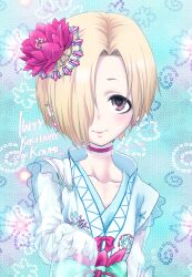 1girl blonde_hair brown_eyes collarbone commentary_request dokuromaru dress earrings flat_chest flower hair_flower hair_ornament hair_over_one_eye happy_birthday highres idolmaster idolmaster_cinderella_girls jewelry long_sleeves reaching reaching_towards_viewer see-through_clothes see-through_sleeves shirasaka_koume short_hair sleeves_past_fingers sleeves_past_wrists smile solo upper_body white_dress