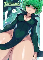 Rule 34 | !, 1girl, absurdres, aura, blush, breasts, cleavage, clothes lift, collarbone, dress, dress lift, eyeshadow, from below, green background, green dress, green eyes, green hair, highres, long hair, long sleeves, looking at viewer, makeup, medium breasts, one-punch man, parted lips, side slit, speech bubble, spoken exclamation mark, standing, tatsumaki, teeth, thick thighs, thighs, tony welt, wide hips, wind, wind lift
