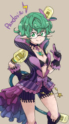 Rule 34 | 1girl, black bra, bra, breasts, brown background, character name, chest jewel, cleavage, closed mouth, glasses, gloves, green eyes, green hair, hand on own hip, highres, jacket, looking at viewer, navel, pandoria (xenoblade), pointy ears, purple gloves, purple jacket, purple shorts, rubi nemesis, short hair, shorts, simple background, small breasts, smile, solo, tail, underwear, xenoblade chronicles (series), xenoblade chronicles 2