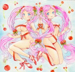 2girls amu_(m_aa) blue_eyes breasts cherry cherry_earrings cherry_hair_ornament commentary_request earrings food food-themed_earrings food-themed_hair_ornament food_themed_earrings fruit full_body green_ribbon hair_ornament hair_ribbon high_heels highres holding_hands jewelry jumping large_breasts long_hair multiple_girls naked_ribbon open_mouth original painting_(medium) parted_lips pink_hair red_ribbon red_shoes ribbon small_breasts smile traditional_media twintails very_long_hair watercolor_(medium)