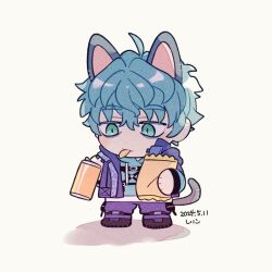 Rule 34 | 1boy, 2024, animal ears, artist name, bandai, bandai namco, blue hair, blue jacket, blue jeans, blue sweater, can, cat ears, cat tail, chibi, chips (food), eating, eyebrows, eyebrows visble through hair, food, green eyes, ishimori prod, jacket, liber entertainment, looking at object, ride kamens, ruui (ride kamens), shadow, shi ko128, shoes, sweater, tagme, tail, toei company, white background