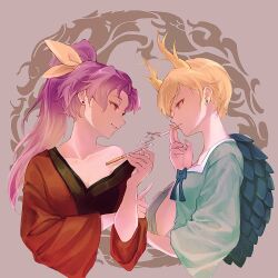 Rule 34 | 2girls, blonde hair, blue bow, blue shirt, bow, breasts, brown background, cigarette, cleavage, collarbone, commentary request, dragon girl, dragon horns, earrings, grin, highres, holding, holding smoking pipe, horns, japanese clothes, jewelry, kicchou yachie, kimono, kiseru, komakusa sannyo, long hair, long sleeves, medium breasts, multiple girls, off shoulder, ponytail, purple hair, red eyes, red kimono, red robe, ribbon, ringo orihara, robe, shirt, short hair, small breasts, smile, smoking, smoking pipe, touhou, turtle shell, wide sleeves, yellow horns, yellow ribbon
