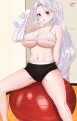 Rule 34 | 1girl, alternate costume, azur lane, bad id, bad pixiv id, ball, bike shorts, black shorts, covered erect nipples, eiundmarmalade, exercise ball, high ponytail, highres, indoors, long hair, looking at viewer, mole, mole under eye, prinz heinrich (azur lane), red eyes, shorts, signature, solo, sports bra, stomach, tank top, very long hair, white hair