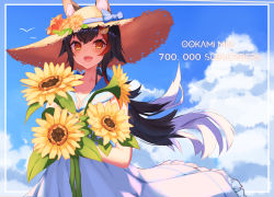 Rule 34 | 1girl, absurdres, animal ear fluff, animal ears, black hair, border, bow, breasts, character name, cleavage, cloud, collarbone, dress, fang, flipped hair, flower, frilled dress, frills, hair between eyes, hair ornament, hairclip, hat, highres, holding, hololive, inre kemomimi, long hair, multicolored hair, ookami mio, outdoors, ponytail, red hair, sidelocks, skin fang, sky, straw hat, streaked hair, sundress, sunflower, very long hair, virtual youtuber, white hair, wolf ears, wolf girl, yellow eyes